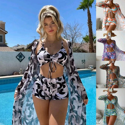 Bikini de primavera de 3 piezas con cárdigan de manga larga, traje de baño de playa de verano a la moda para mujer