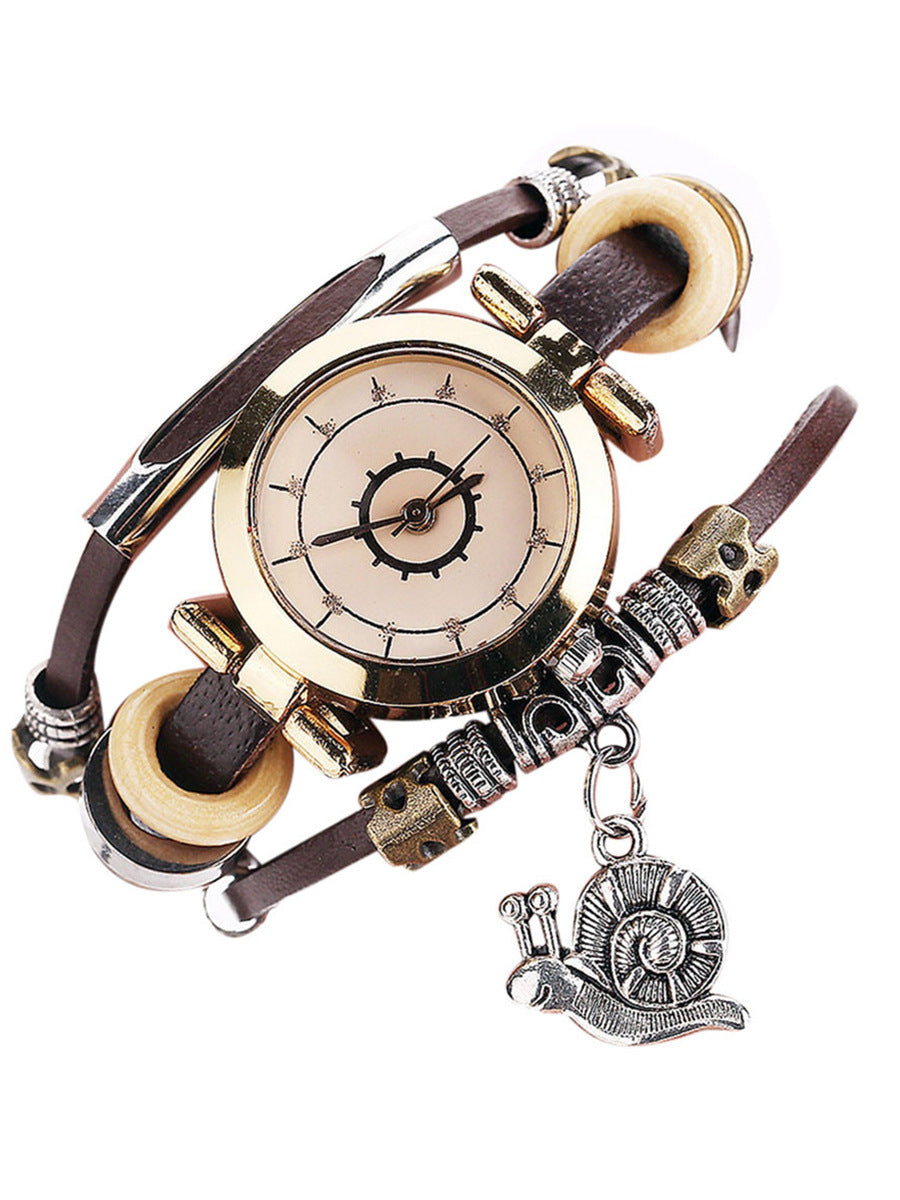 Vintage-Armbanduhr für Damen, Wickeluhr aus Leder mit Schneckenanhänger