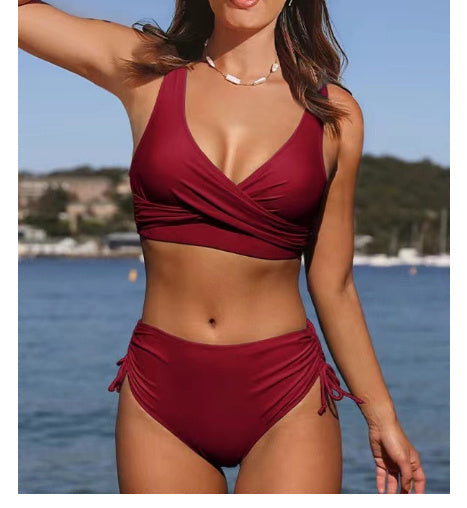 Bikini de traje de baño dividido de color sólido con correa cruzada para mujer