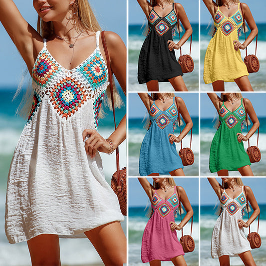 Vestido sin mangas de verano Vestido de playa hueco con cuello en V con estampado colorido y costuras bohemias