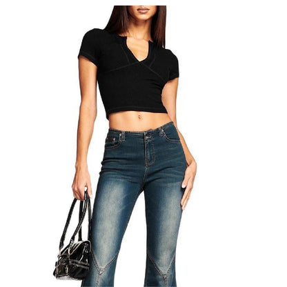 Kurzarm Cropped Sexy Fit V-Ausschnitt Abnehmen Damen Retro Sexy Kurzarm Unterwäsche T-Shirt Top