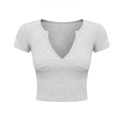 Camiseta recortada de manga corta con cuello en V para mujer, ropa interior Sexy Retro Sexy de manga corta, Top