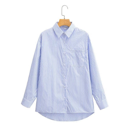 Camisa a rayas para mujer coreana, ropa informal de verano para la universidad, suelta, de manga larga