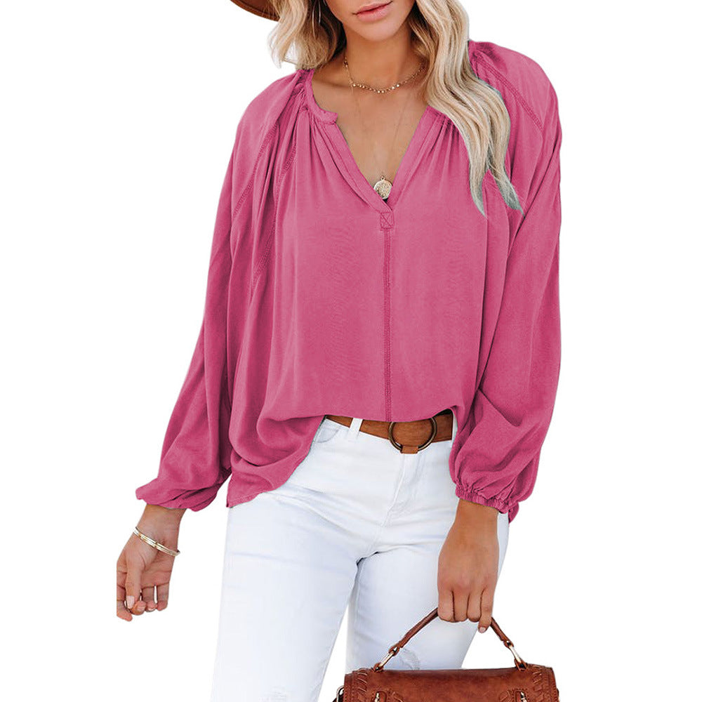 Spring Autumn V neck Long Sleeve Top Women Solid Color Loose Fitting T shirt