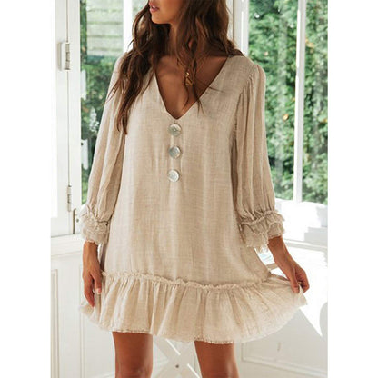 Women A- line Dress Loose Long Sleeve Ruffled Hem Cotton Linen Dress