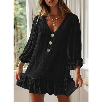 Women A- line Dress Loose Long Sleeve Ruffled Hem Cotton Linen Dress