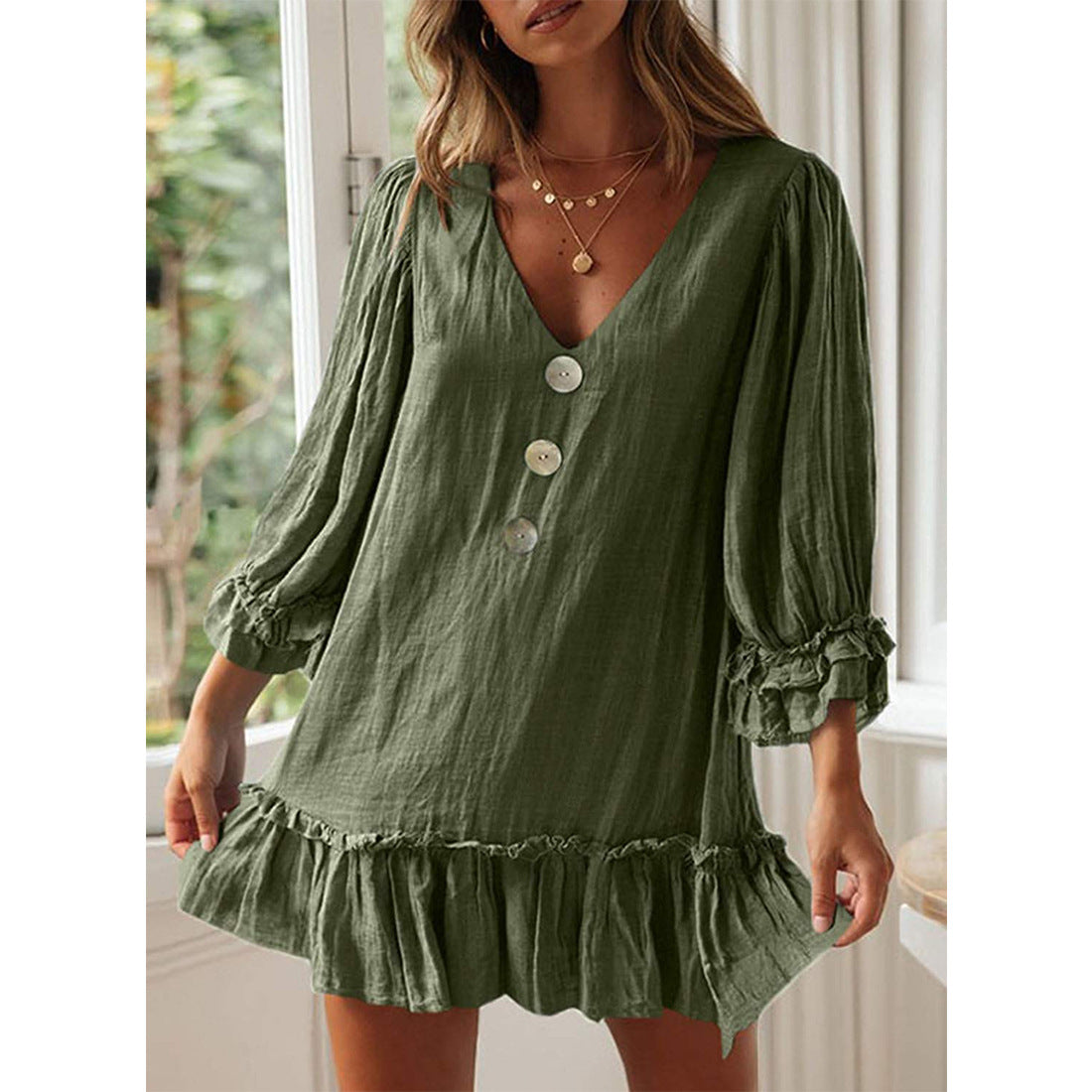 Damen A-Linien-Kleid, lockeres Langarmkleid aus Baumwollleinen mit Rüschensaum