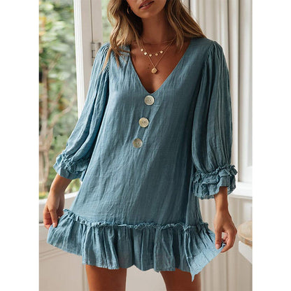 Women A- line Dress Loose Long Sleeve Ruffled Hem Cotton Linen Dress