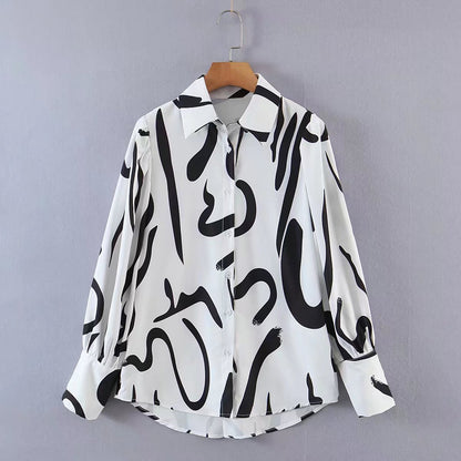 Young Graffiti Printing Shirt Women Spring Loose Plus Size Korean Long Sleeve Shirt