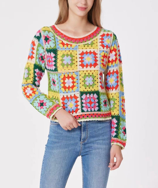 Retro Ethnic Color Crocheted Contrast Color Blouse Autumn Tops Cool Long Sleeve Knitwear for Women