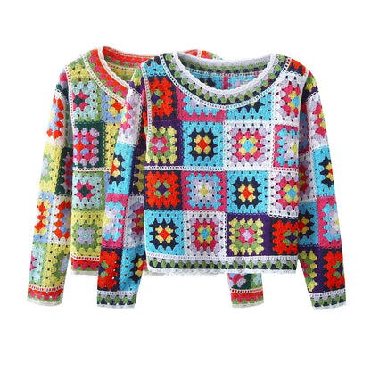 Retro Ethnic Color Crocheted Contrast Color Blouse Autumn Tops Cool Long Sleeve Knitwear for Women