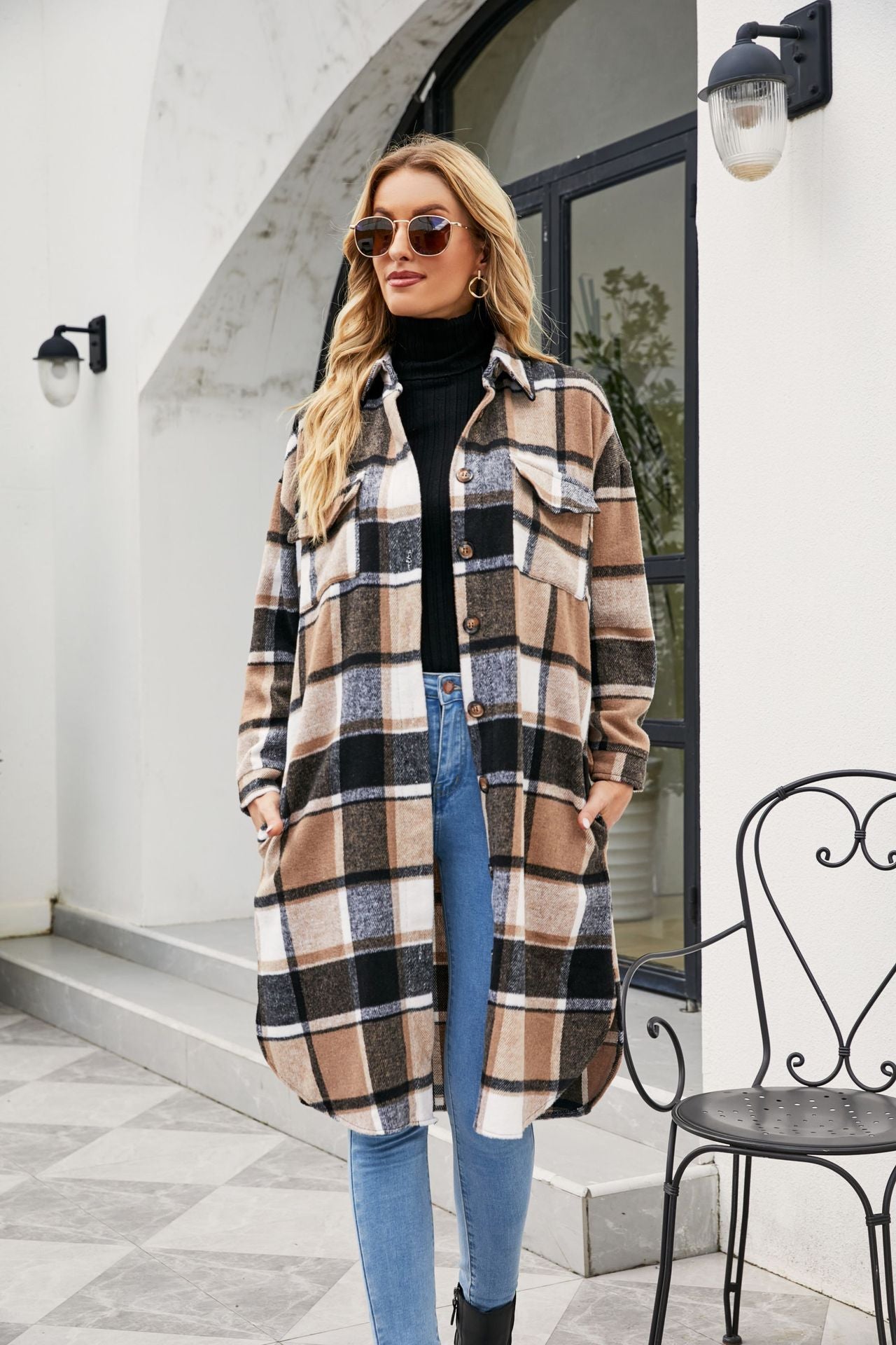 Women Clothing Popular Long Sleeve Loose Plaid Shirt Woolen Long