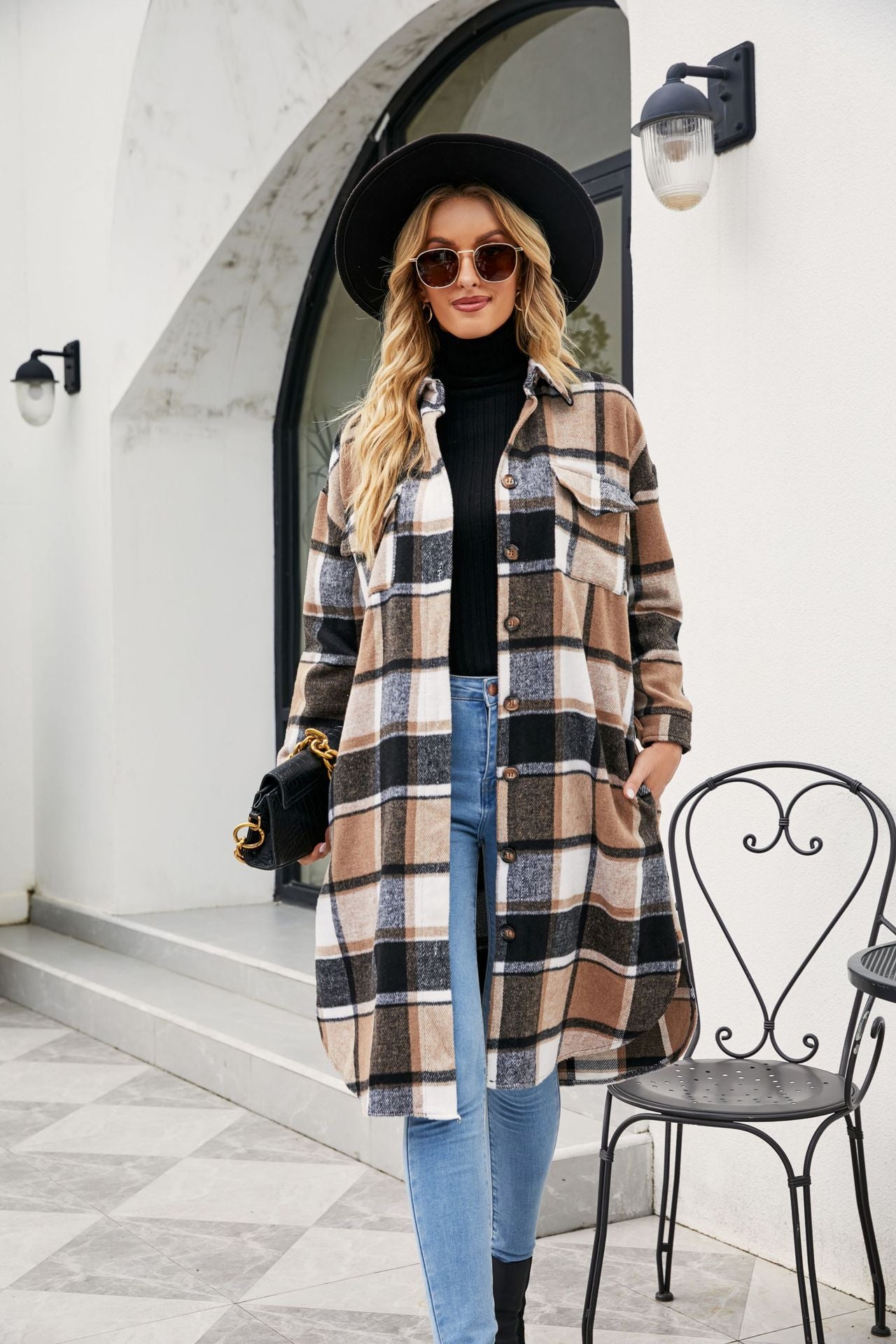 Women Clothing Popular Long Sleeve Loose Plaid Shirt Woolen Long