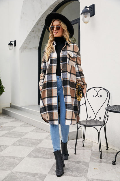 Women Clothing Popular Long Sleeve Loose Plaid Shirt Woolen Long