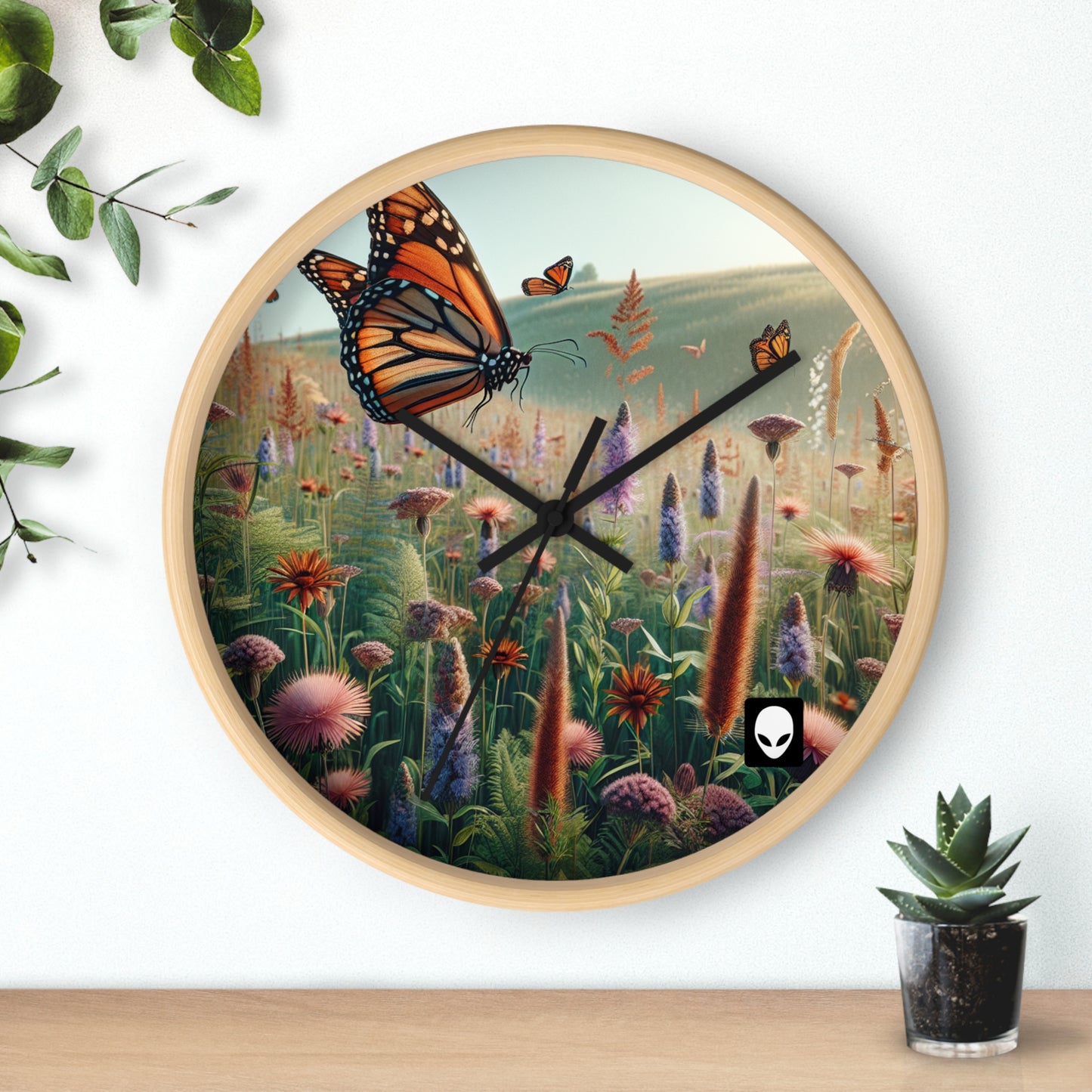 "Una monarca en una pradera de flores silvestres" - El estilo realista del reloj de pared alienígena