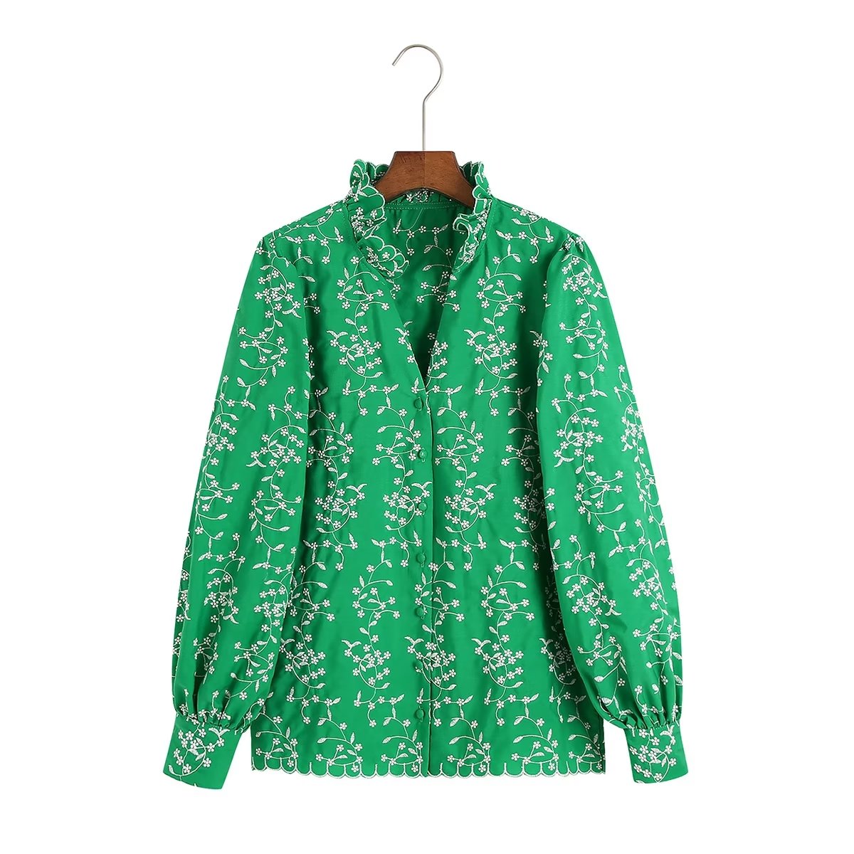 Women Clothing Fall Casual Green Embroidery Shirt Long Sleeve Embroidered Shirt