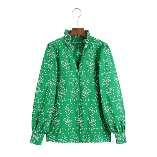 Ropa de mujer Otoño Casual Camisa bordada verde Camisa bordada de manga larga