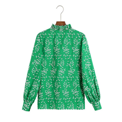 Women Clothing Fall Casual Green Embroidery Shirt Long Sleeve Embroidered Shirt