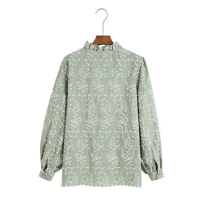 Women Clothing Fall Casual Green Embroidery Shirt Long Sleeve Embroidered Shirt