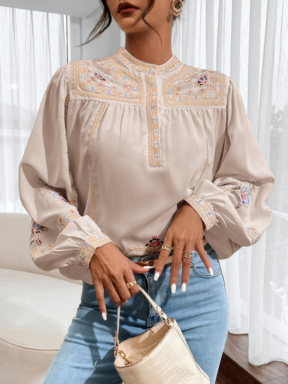 Women Spring Fall Crew Neck Elegant Floral Embroidery Lantern Sleeve Long Sleeve Blouses