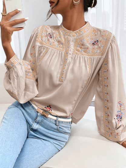 Women Spring Fall Crew Neck Elegant Floral Embroidery Lantern Sleeve Long Sleeve Blouses