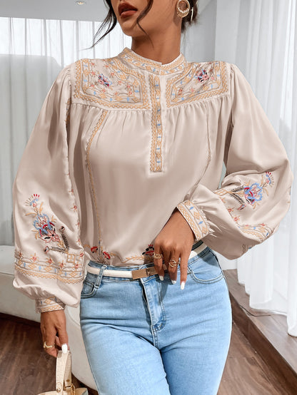 Women Spring Fall Crew Neck Elegant Floral Embroidery Lantern Sleeve Long Sleeve Blouses