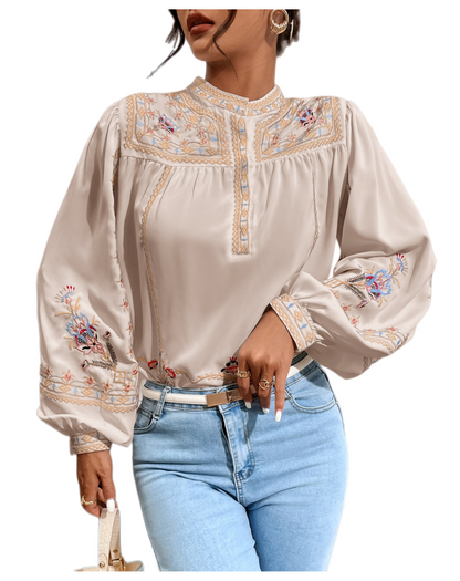 Women Spring Fall Crew Neck Elegant Floral Embroidery Lantern Sleeve Long Sleeve Blouses