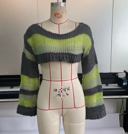 Summer Women Knitted Smock Top Women Multi Color Mosaic Shawl Long Sleeve Crop Top Short Top Women