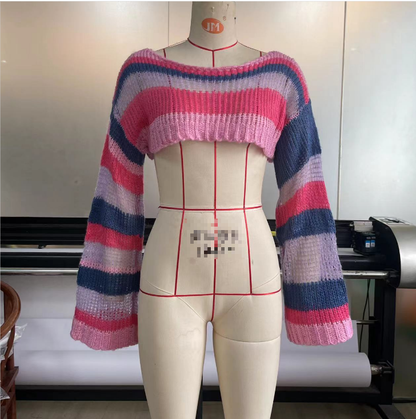 Summer Women Knitted Smock Top Women Multi Color Mosaic Shawl Long Sleeve Crop Top Short Top Women