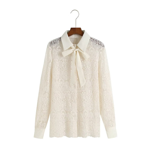 Camisa con lazo de perlas de encaje francés para primavera y otoño, jersey con cuello en V Regular, Top con cordones para mujer