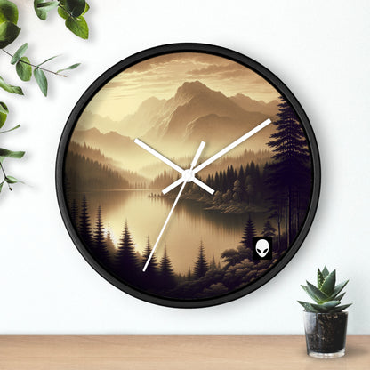 "Amanecer en el lago: Una mañana de montaña con niebla" - El estilo tonalista del reloj de pared alienígena