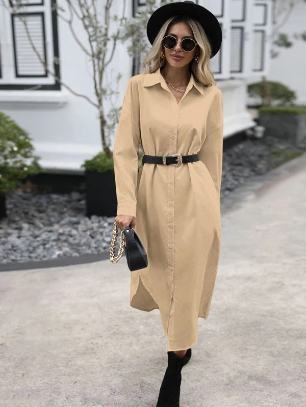 Stand Alone Popular Solid Color Drop Shoulder Curved Hem Shirt Dress Without Belt