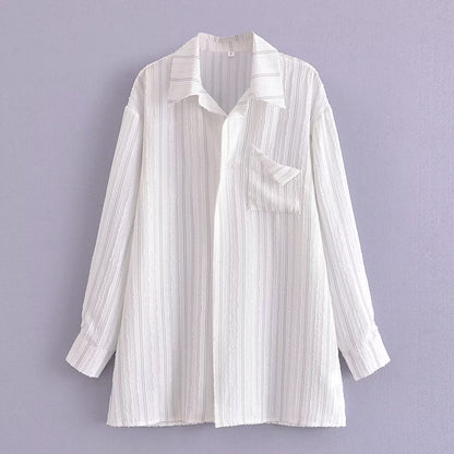 Loose Lazy Missing Mid Length White Striped Shirt Long Sleeve Top Women