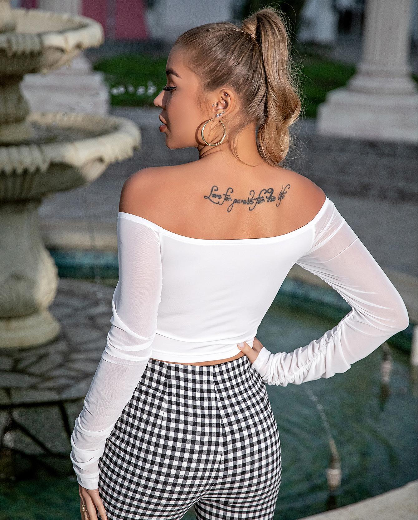 Spring Autumn Women White Top Sexy off the Shoulder Sheer Cutout Chest Pleated Long Sleeve