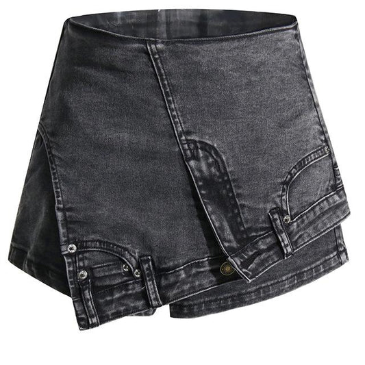 Persönlichkeit Street Denim Stitching Shorts Herbst Hohe Taille Unregelmäßigen Asymmetrische Washed Worn Jeans Frauen