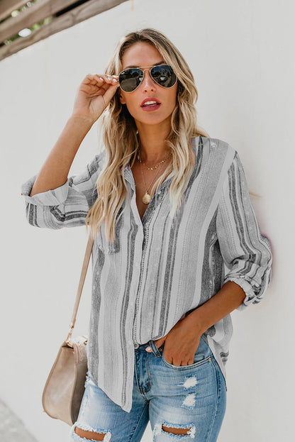 Striped Shirt Women Autumn Collared Single Breasted Long Sleeve Loose Cardigan Top Women