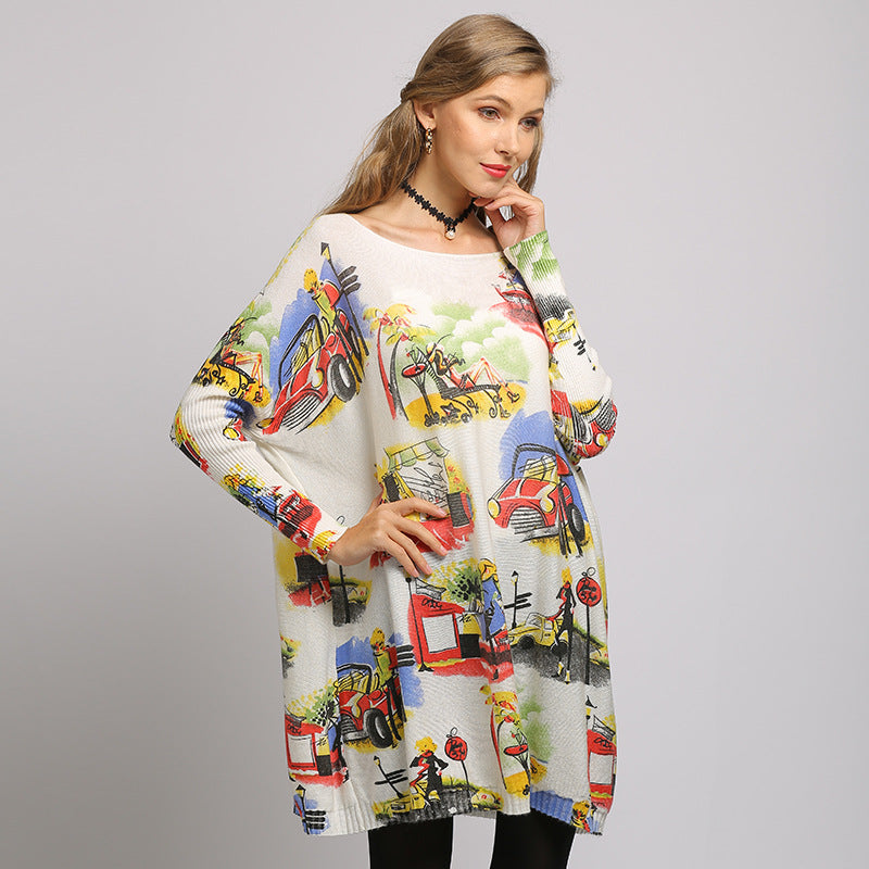 Frühling Herbst Frauen Kleidung Übergroßen Mädchen weg Von Neck Lose Pullover Print Strickwaren für Frauen