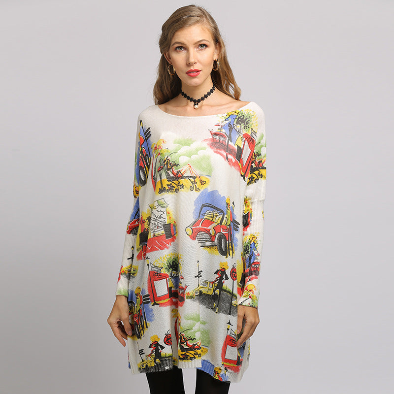 Frühling Herbst Frauen Kleidung Übergroßen Mädchen weg Von Neck Lose Pullover Print Strickwaren für Frauen