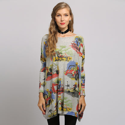 Frühling Herbst Frauen Kleidung Übergroßen Mädchen weg Von Neck Lose Pullover Print Strickwaren für Frauen