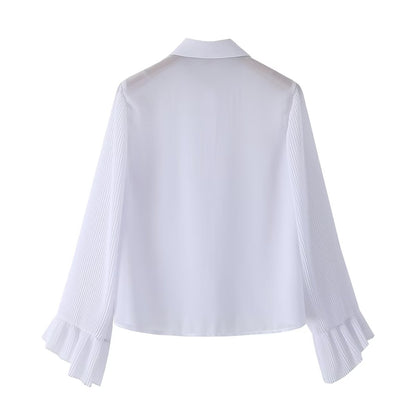 Small Pleated Sleeve Shirt Korean Women Clothing Spring Autumn Retro Lapels Vertical