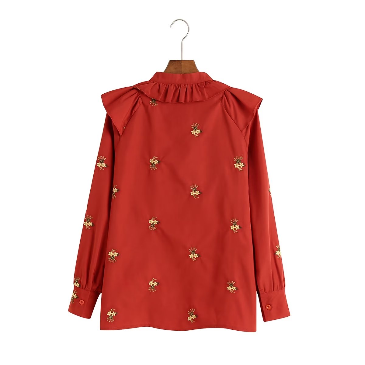 Sweet Girl Fan Wooden Ear Patchwork Stand up Collar Floral Embroidered Red Shirt Autumn