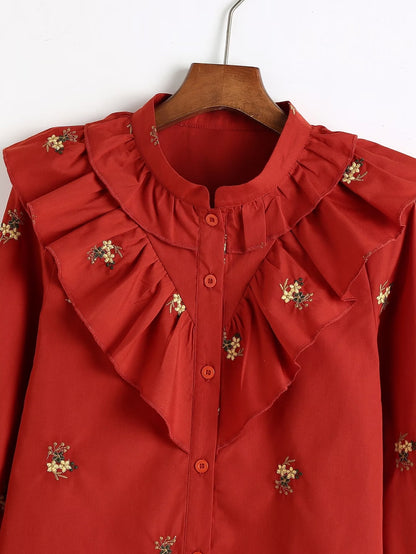 Sweet Girl Fan Wooden Ear Patchwork Stand up Collar Floral Embroidered Red Shirt Autumn