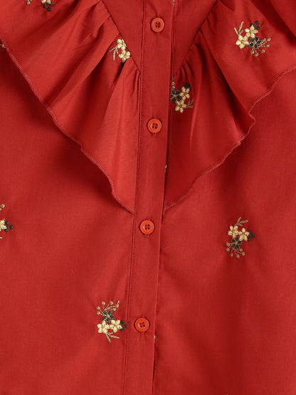 Sweet Girl Fan Wooden Ear Patchwork Stand up Collar Floral Embroidered Red Shirt Autumn