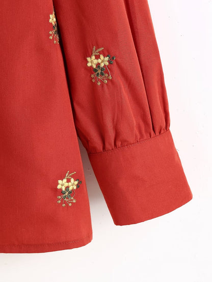 Sweet Girl Fan Wooden Ear Patchwork Stand up Collar Floral Embroidered Red Shirt Autumn