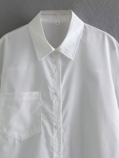 Summer White Polo Collar Solid Color Single Pocket Long Sleeve Shirt Women