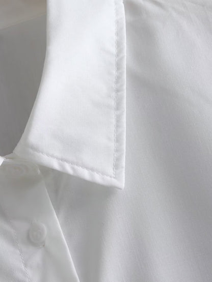 Summer White Polo Collar Solid Color Single Pocket Long Sleeve Shirt Women