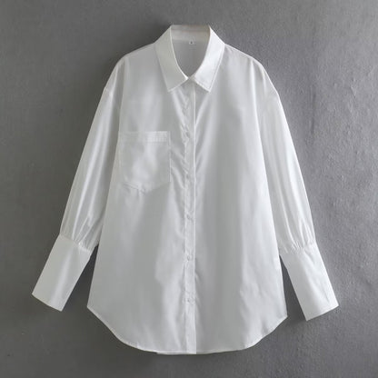 Summer White Polo Collar Solid Color Single Pocket Long Sleeve Shirt Women