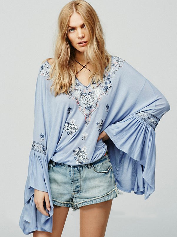 Women Summer V Neck Lace Up Bohemian Vacation Gorgeous Embroidered Top