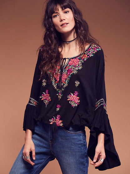 Top bordado precioso con cuello en V de verano para mujer con cordones para vacaciones bohemias