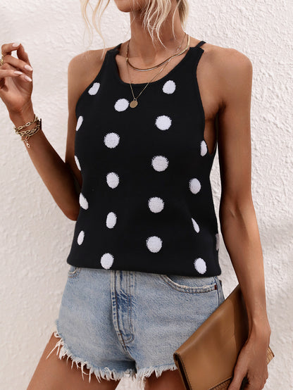 Spring Summer Polka Dot Slim Fit Tied Sexy Backless Women Knitwear